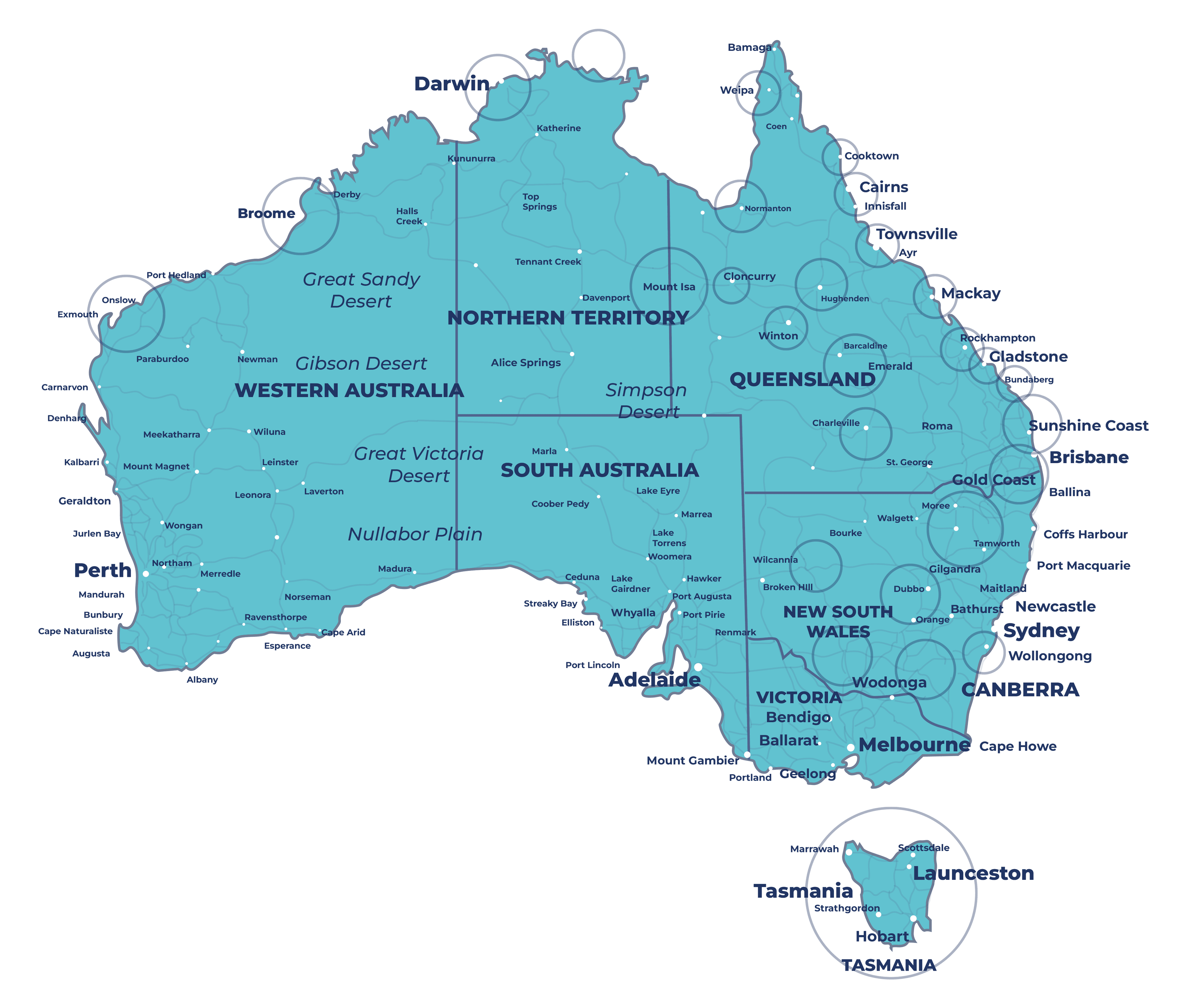 Map of Australia showing Down Under Bridge Units service areas